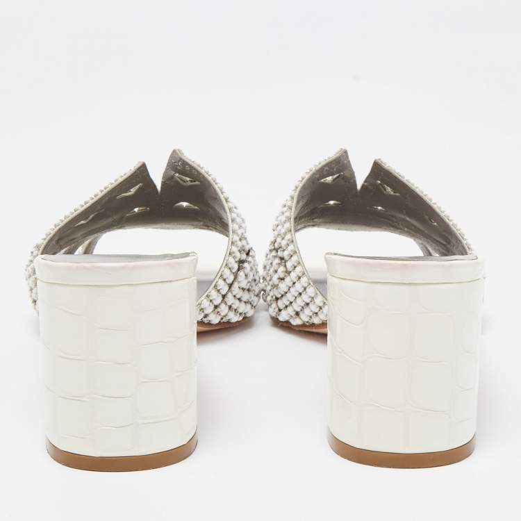 Pre Owned Gina White Crystal Embellished Leather Block Heel Slide Sandals Size 40.5