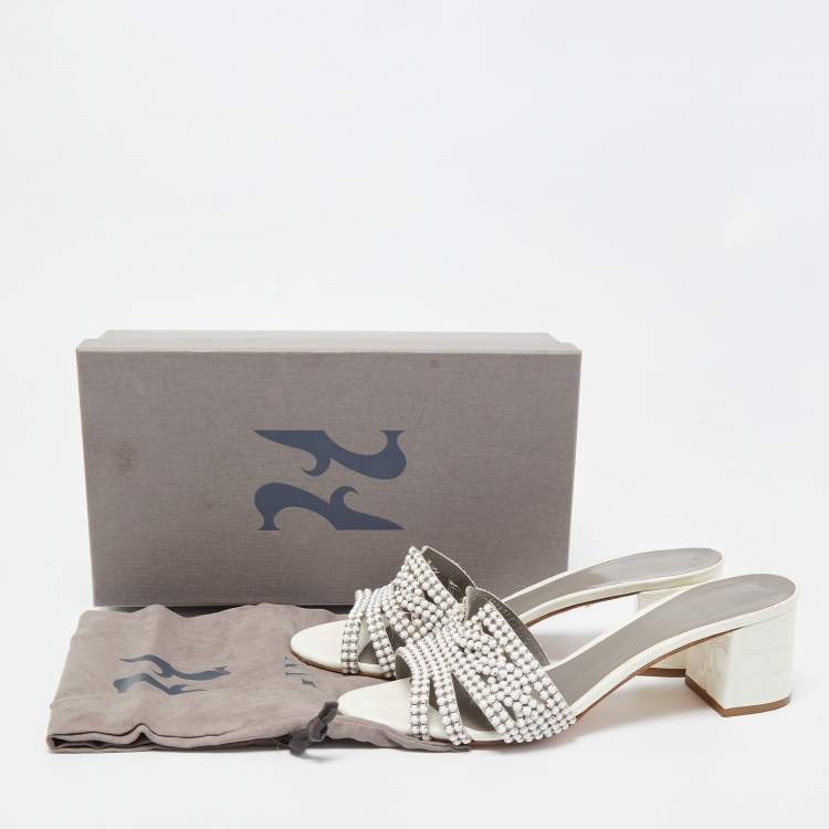 Pre Owned Gina White Crystal Embellished Leather Block Heel Slide Sandals Size 40.5