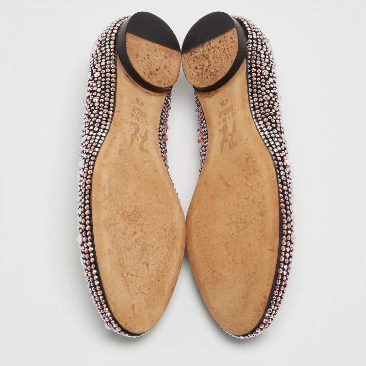 Pre Owned Gina Black/Pink Crystal Embellished Satin Ballet Flats Size 37.5