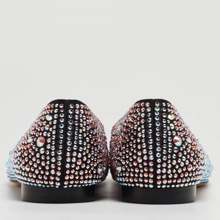 Pre Owned Gina Black/Pink Crystal Embellished Satin Ballet Flats Size 37.5