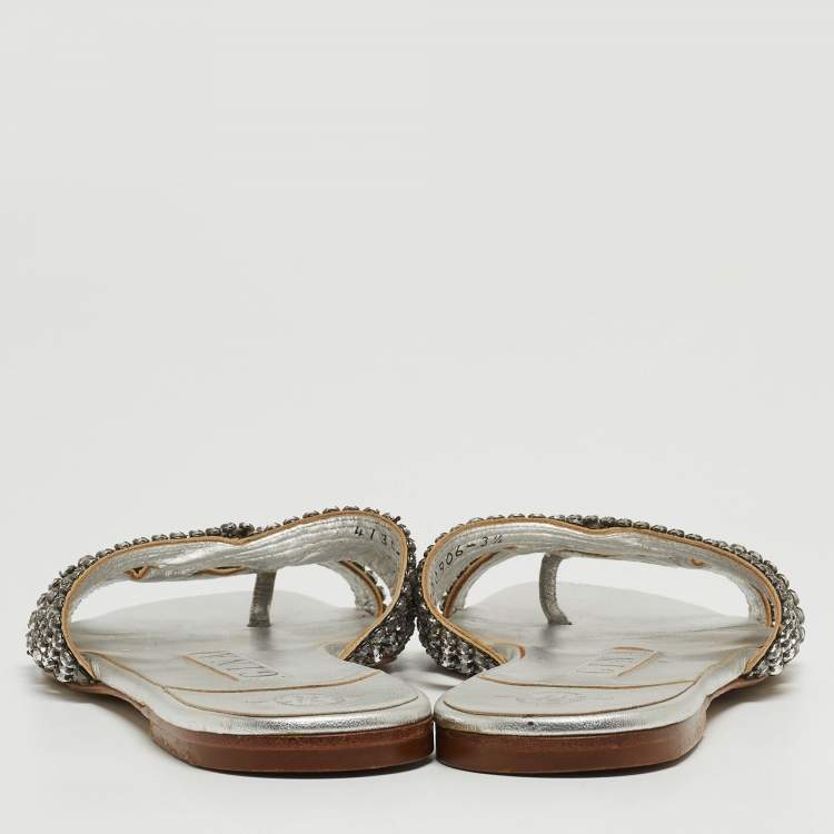 Pre Owned Gina Silver Crystal Embellished Leather Flat Slides Size 36.5
