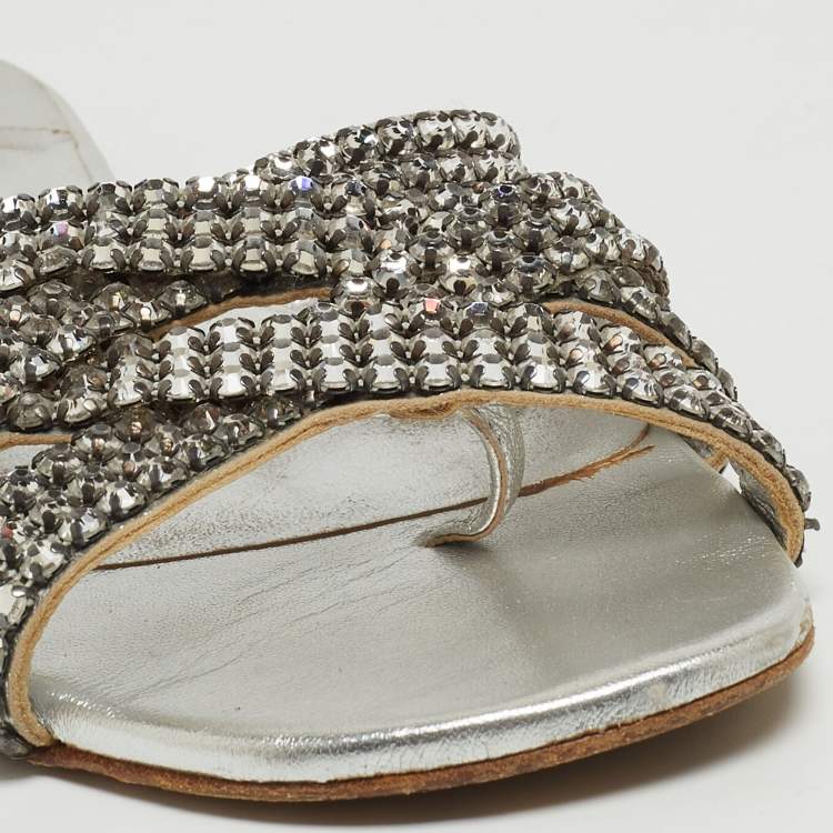 Pre Owned Gina Silver Crystal Embellished Leather Flat Slides Size 36.5