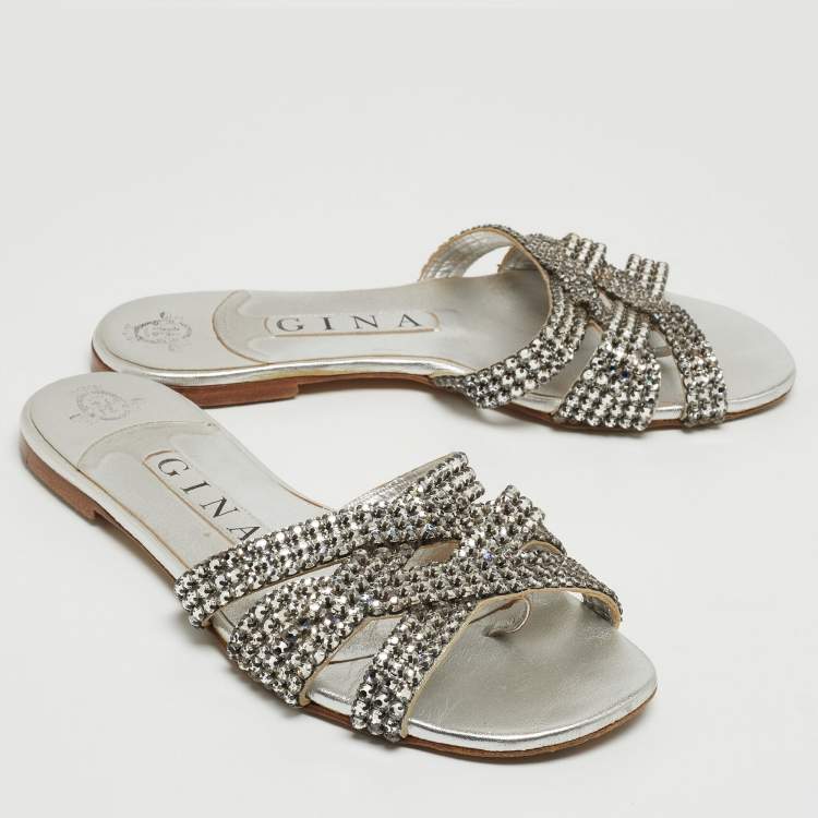 Pre Owned Gina Silver Crystal Embellished Leather Flat Slides Size 36.5