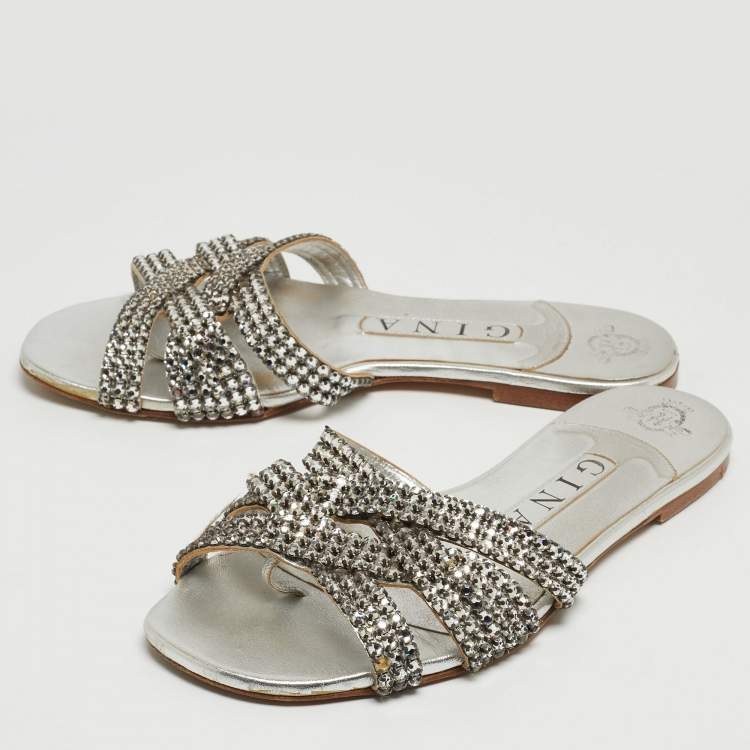 Pre Owned Gina Silver Crystal Embellished Leather Flat Slides Size 36.5