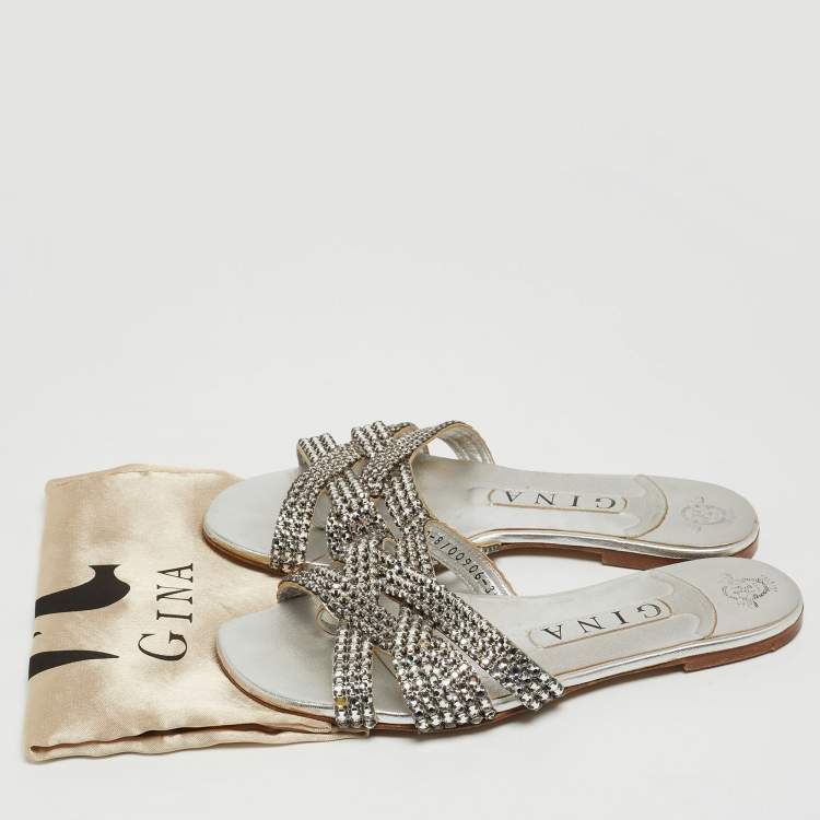 Pre Owned Gina Silver Crystal Embellished Leather Flat Slides Size 36.5