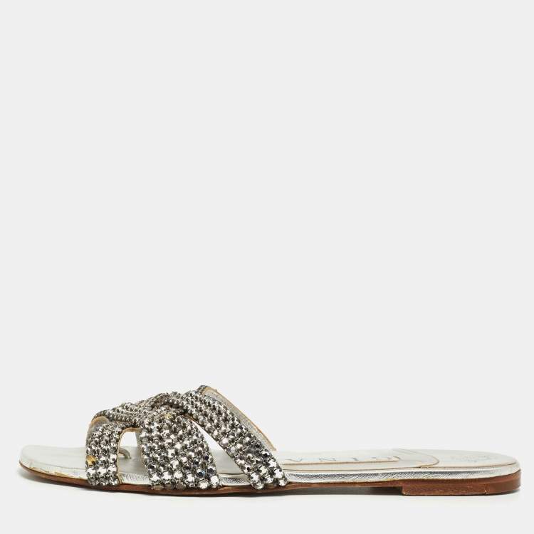 Pre Owned Gina Silver Crystal Embellished Leather Flat Slides Size 36.5