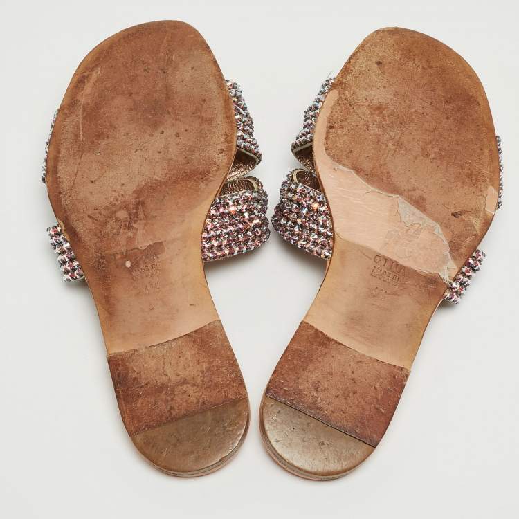 Pre Owned Gina Pink Crystal Embellished Leather Flat Slides Size 37.5
