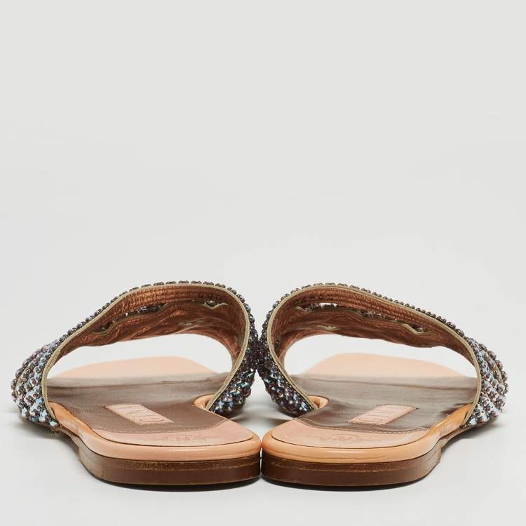 Pre Owned Gina Pink Crystal Embellished Leather Flat Slides Size 37.5