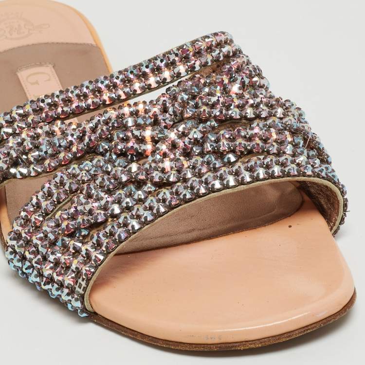 Pre Owned Gina Pink Crystal Embellished Leather Flat Slides Size 37.5