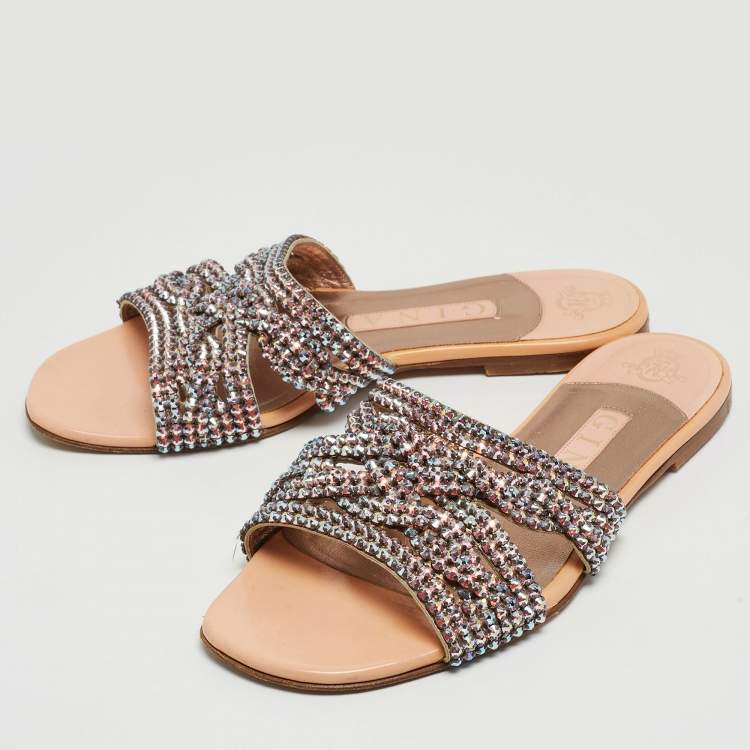 Pre Owned Gina Pink Crystal Embellished Leather Flat Slides Size 37.5