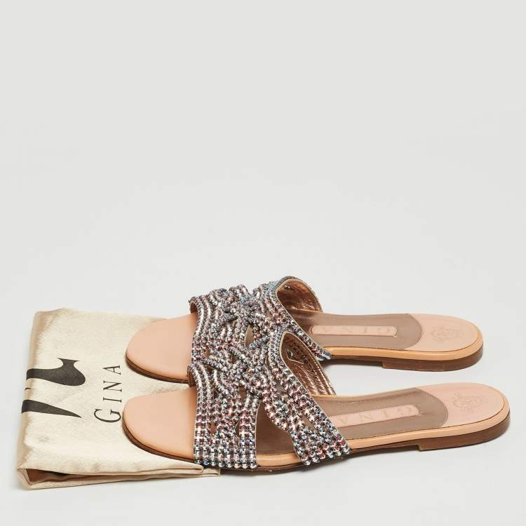 Pre Owned Gina Pink Crystal Embellished Leather Flat Slides Size 37.5