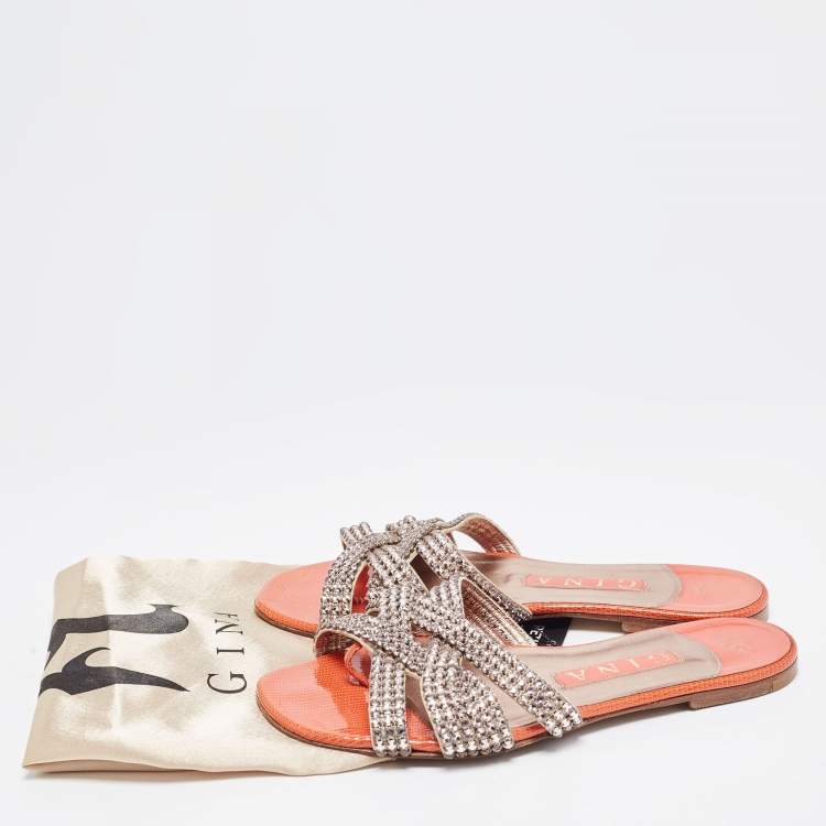 Pre Owned Gina Pink/Orange Crystal Embellished Leather Flat Slides Size 37.5