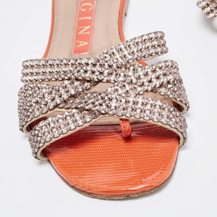 Pre Owned Gina Pink/Orange Crystal Embellished Leather Flat Slides Size 37.5
