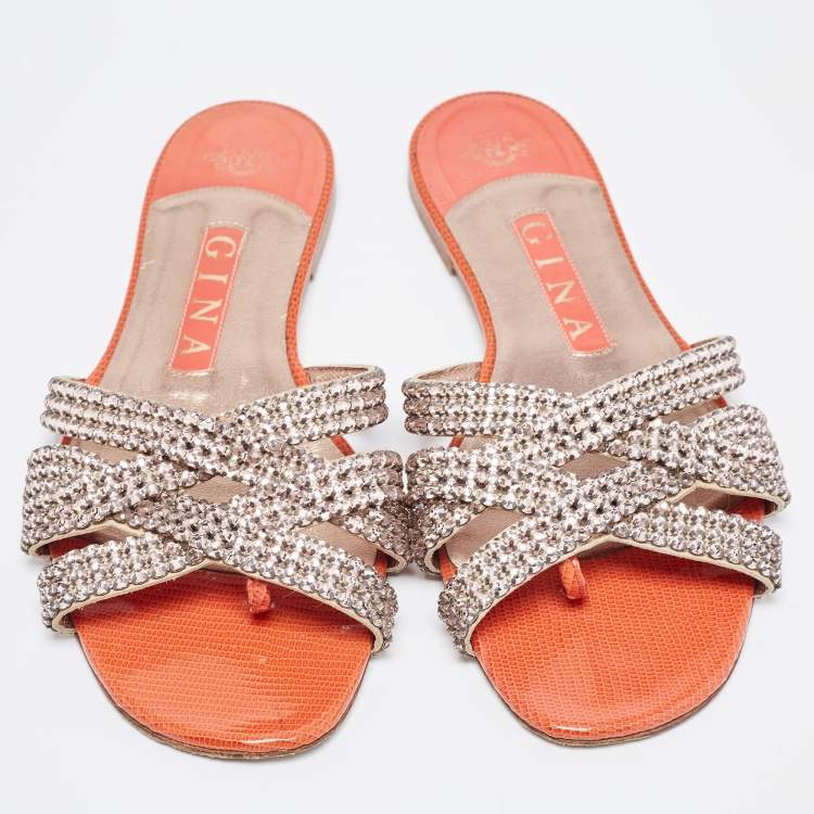 Pre Owned Gina Pink/Orange Crystal Embellished Leather Flat Slides Size 37.5