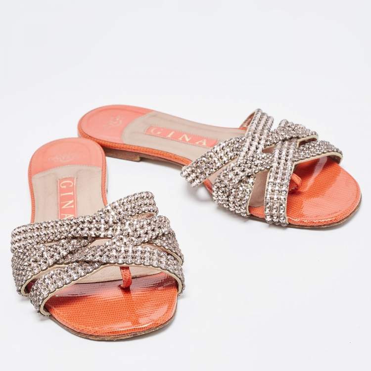 Pre Owned Gina Pink/Orange Crystal Embellished Leather Flat Slides Size 37.5