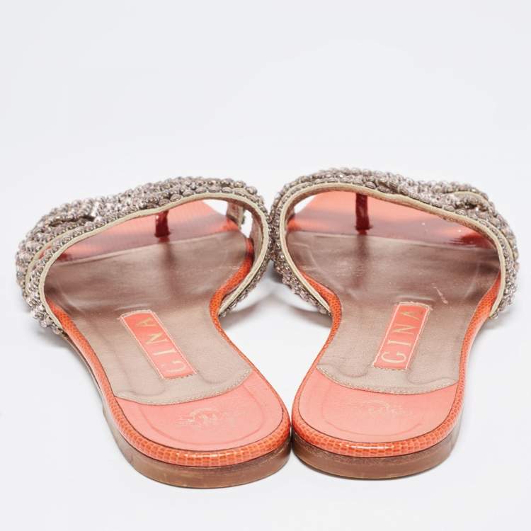 Pre Owned Gina Pink/Orange Crystal Embellished Leather Flat Slides Size 37.5