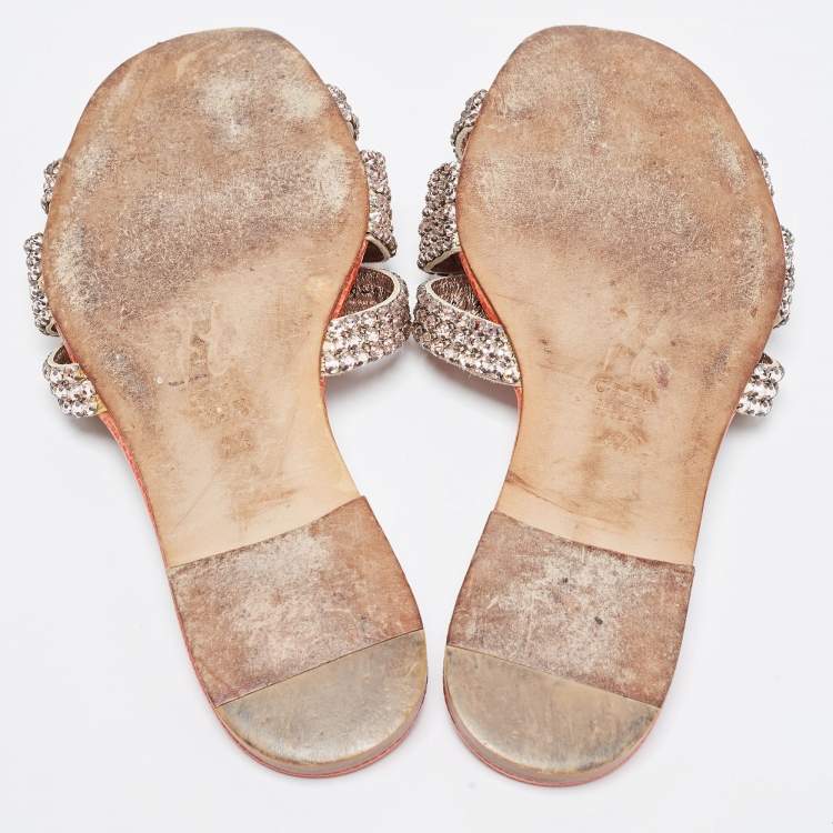 Pre Owned Gina Pink/Orange Crystal Embellished Leather Flat Slides Size 37.5