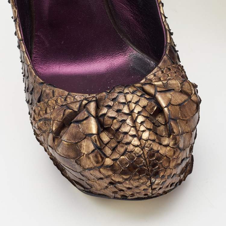 Pre Owned Gina Metallic Brown Python Elle Platform Pumps Size 39.5