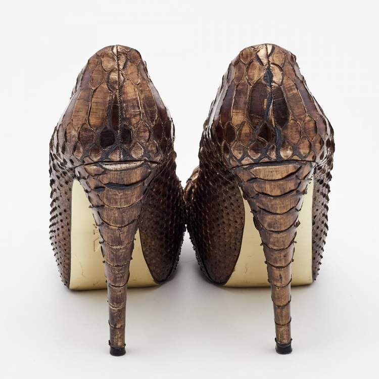 Pre Owned Gina Metallic Brown Python Elle Platform Pumps Size 39.5