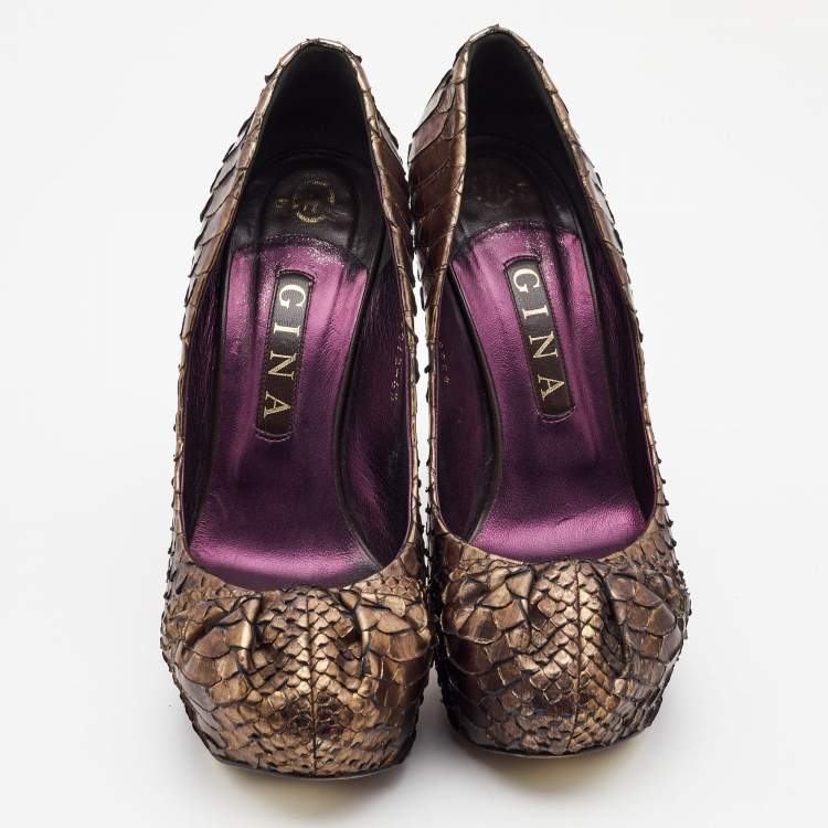 Pre Owned Gina Metallic Brown Python Elle Platform Pumps Size 39.5
