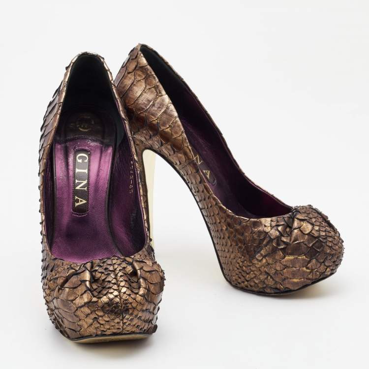 Pre Owned Gina Metallic Brown Python Elle Platform Pumps Size 39.5