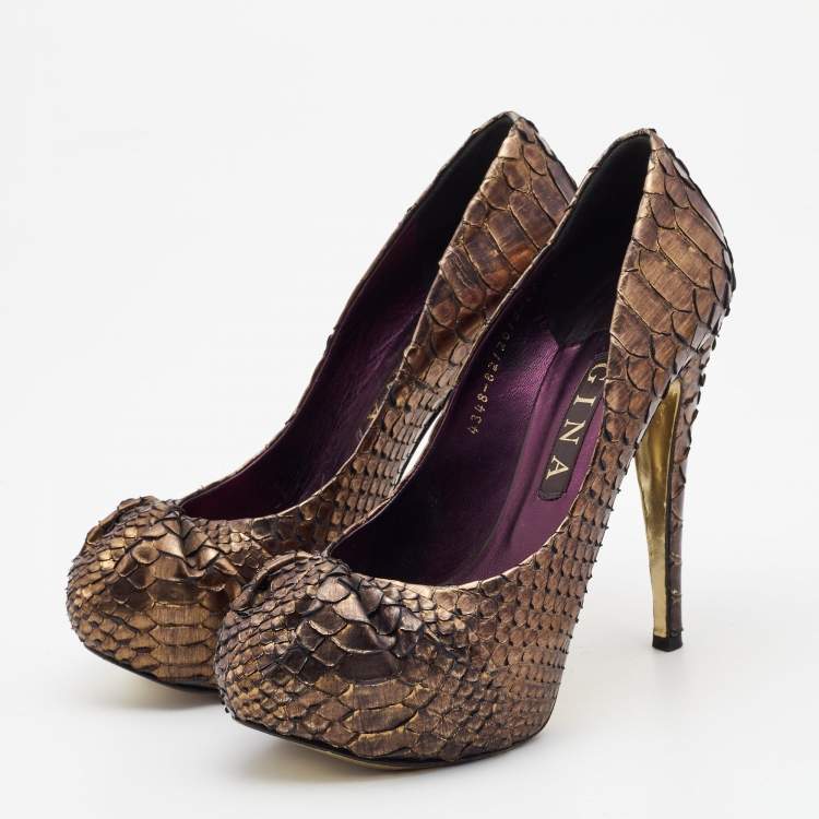 Pre Owned Gina Metallic Brown Python Elle Platform Pumps Size 39.5
