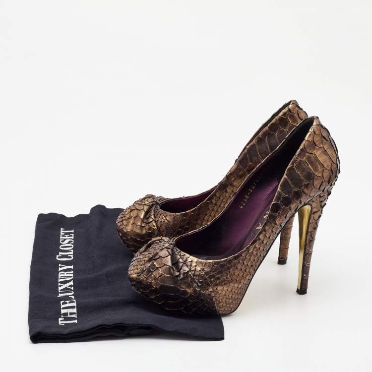 Pre Owned Gina Metallic Brown Python Elle Platform Pumps Size 39.5