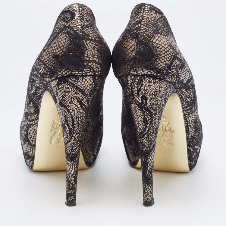 Pre Owned Gina Black/Silver Brocade Fabric Pleated High Heel Platform Pumps Size 39.5