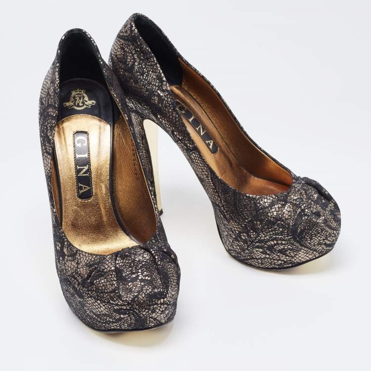Pre Owned Gina Black/Silver Brocade Fabric Pleated High Heel Platform Pumps Size 39.5