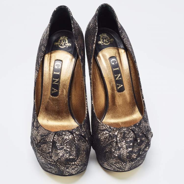 Pre Owned Gina Black/Silver Brocade Fabric Pleated High Heel Platform Pumps Size 39.5
