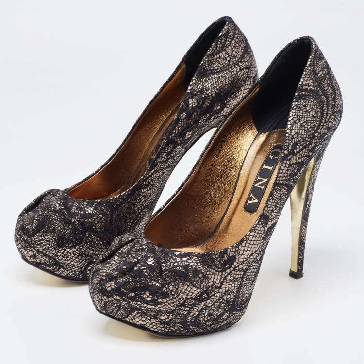 Pre Owned Gina Black/Silver Brocade Fabric Pleated High Heel Platform Pumps Size 39.5