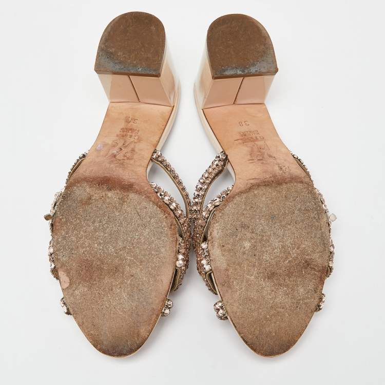 Pre Owned Gina Pink Crystal Embellished Leather Dexie Slide Sandals Size 38