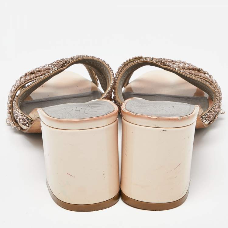 Pre Owned Gina Pink Crystal Embellished Leather Dexie Slide Sandals Size 38