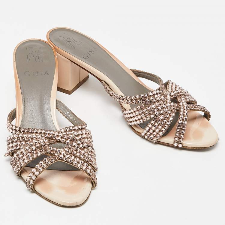 Pre Owned Gina Pink Crystal Embellished Leather Dexie Slide Sandals Size 38
