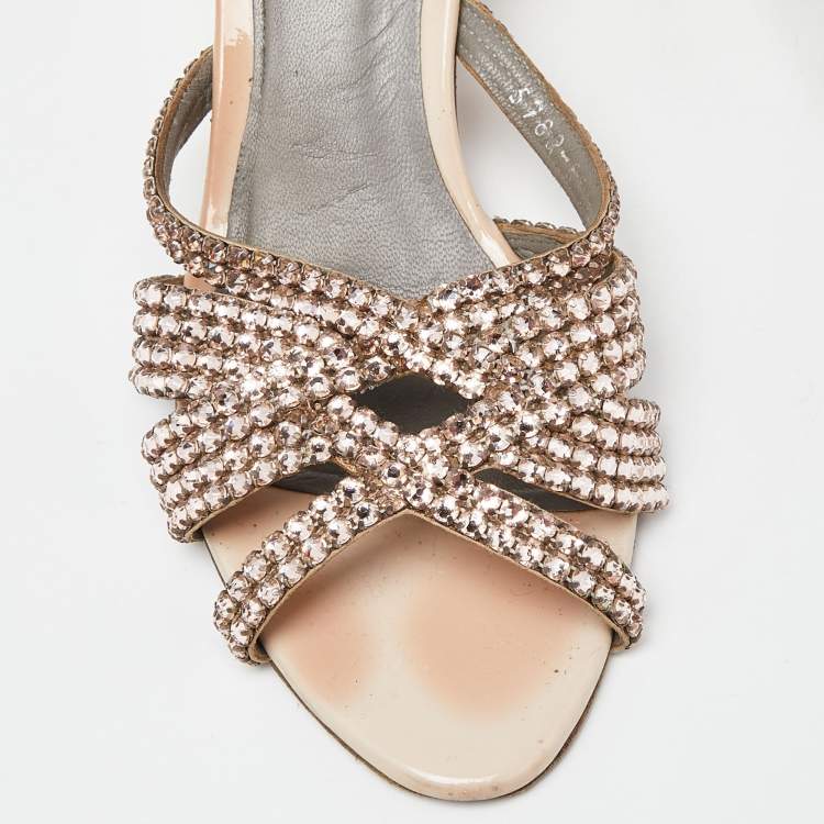 Pre Owned Gina Pink Crystal Embellished Leather Dexie Slide Sandals Size 38