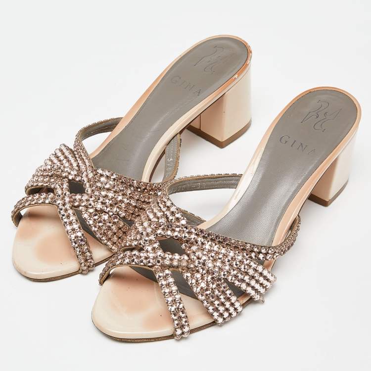 Pre Owned Gina Pink Crystal Embellished Leather Dexie Slide Sandals Size 38