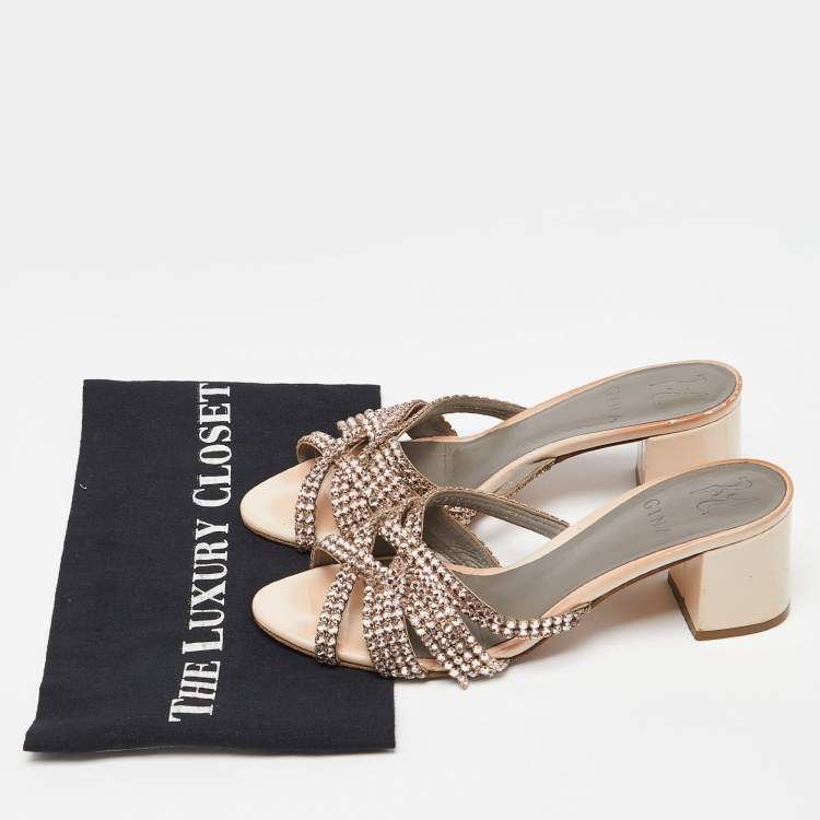 Pre Owned Gina Pink Crystal Embellished Leather Dexie Slide Sandals Size 38