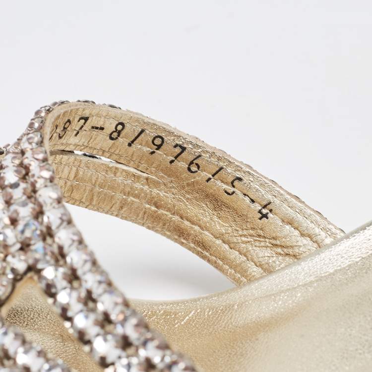 Pre Owned Gina Metallic Crystal Embellished Leather Slide Sandals Size 37