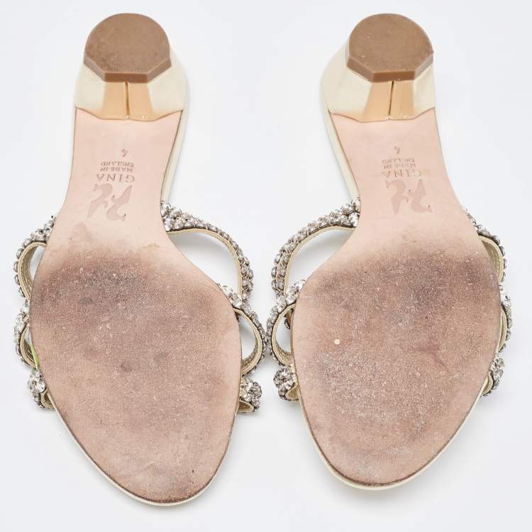 Pre Owned Gina Metallic Crystal Embellished Leather Slide Sandals Size 37