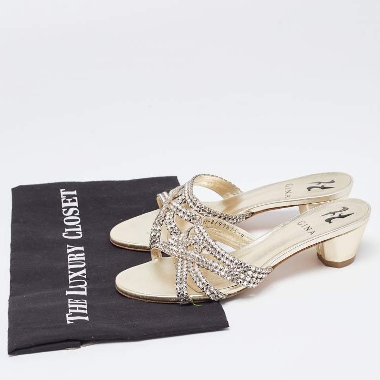 Pre Owned Gina Metallic Crystal Embellished Leather Slide Sandals Size 37