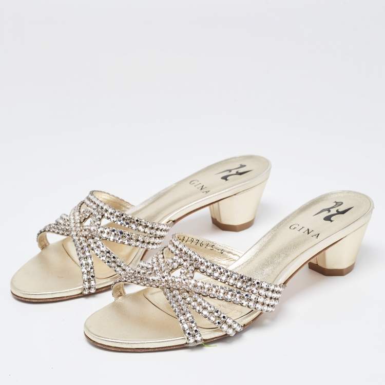 Pre Owned Gina Metallic Crystal Embellished Leather Slide Sandals Size 37