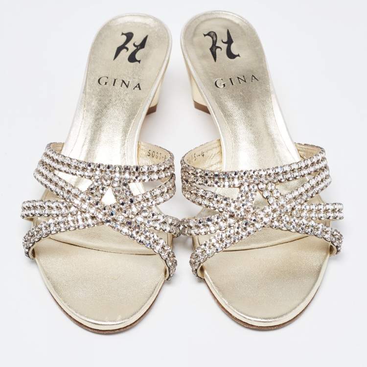 Pre Owned Gina Metallic Crystal Embellished Leather Slide Sandals Size 37