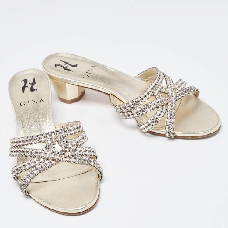 Pre Owned Gina Metallic Crystal Embellished Leather Slide Sandals Size 37