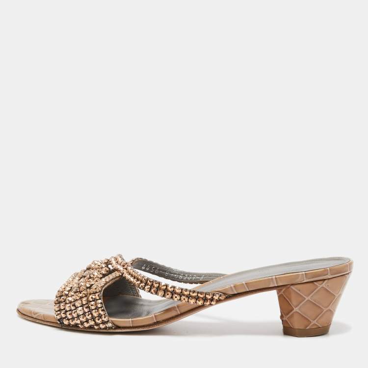 Pre Owned Gina Brown Croc Embossed Patent Leather Crystal Embellished Slides Sandals Size 38