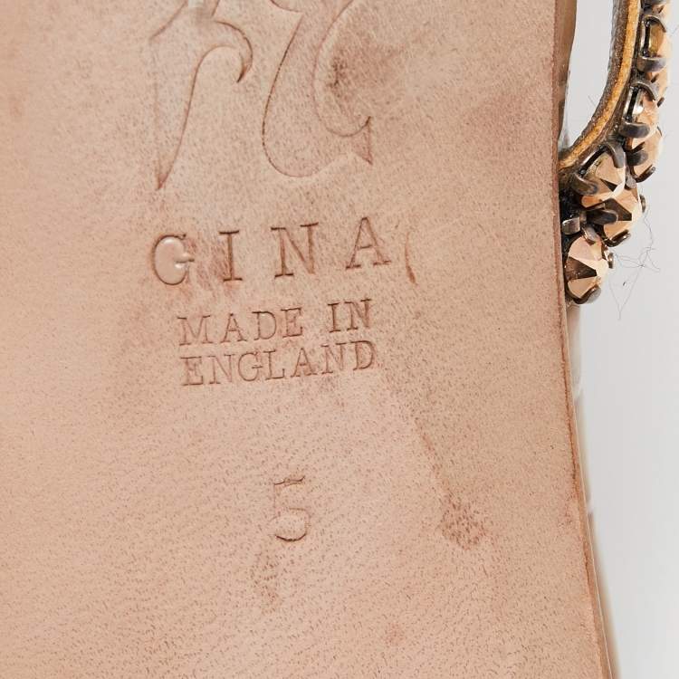 Pre Owned Gina Brown Croc Embossed Patent Leather Crystal Embellished Slides Sandals Size 38