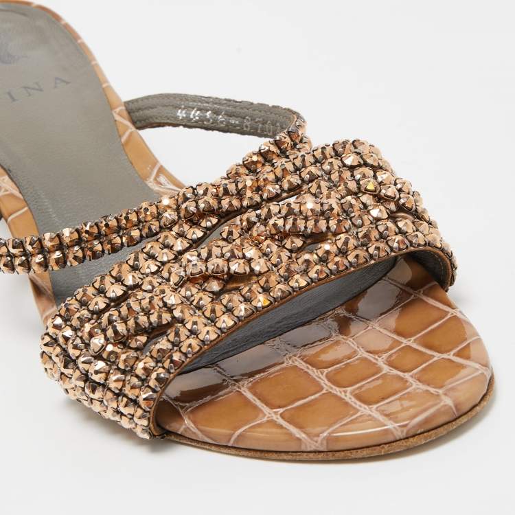 Pre Owned Gina Brown Croc Embossed Patent Leather Crystal Embellished Slides Sandals Size 38