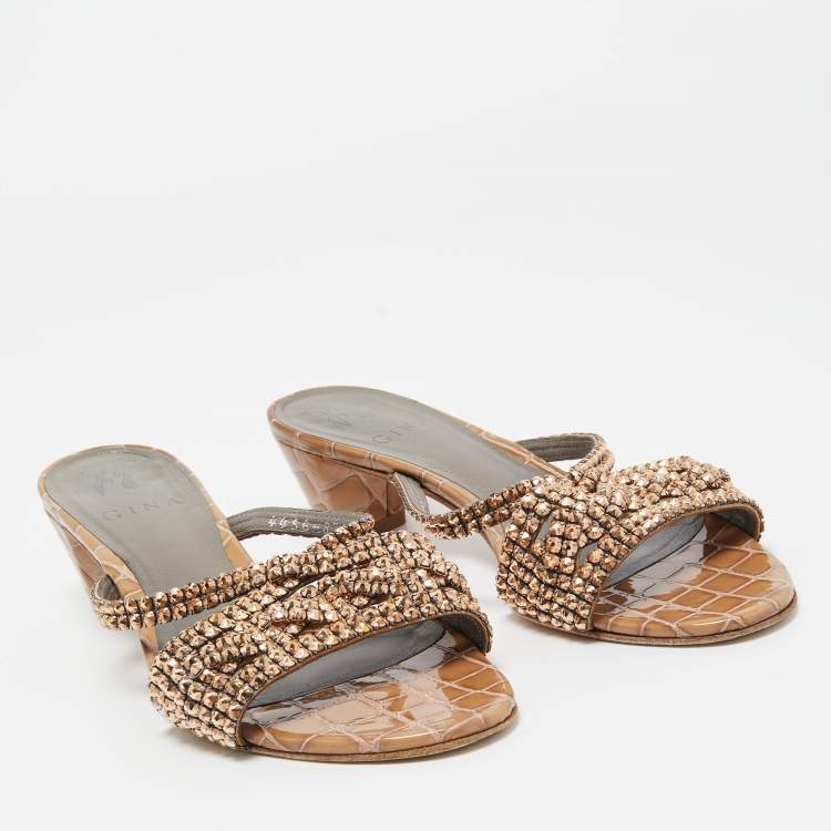 Pre Owned Gina Brown Croc Embossed Patent Leather Crystal Embellished Slides Sandals Size 38