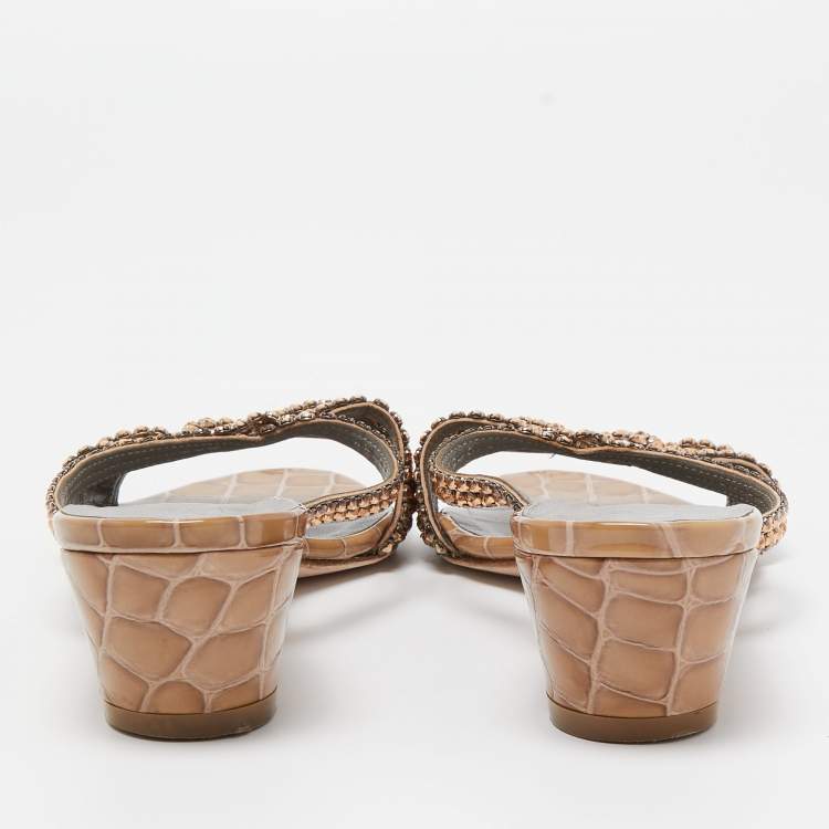 Pre Owned Gina Brown Croc Embossed Patent Leather Crystal Embellished Slides Sandals Size 38