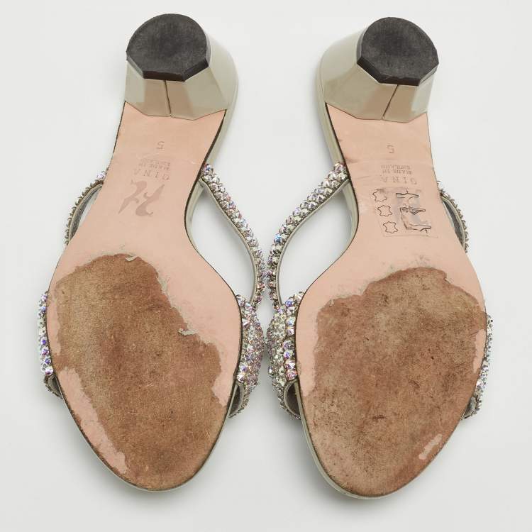 Pre Owned Gina Grey Patent Leather Crystal Embellished Slide Sandals Size 38