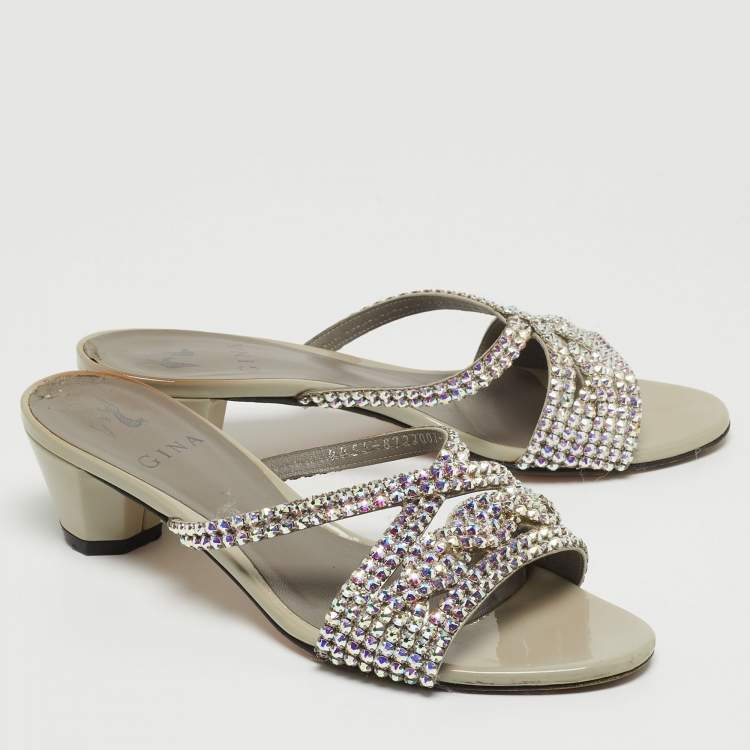 Pre Owned Gina Grey Patent Leather Crystal Embellished Slide Sandals Size 38